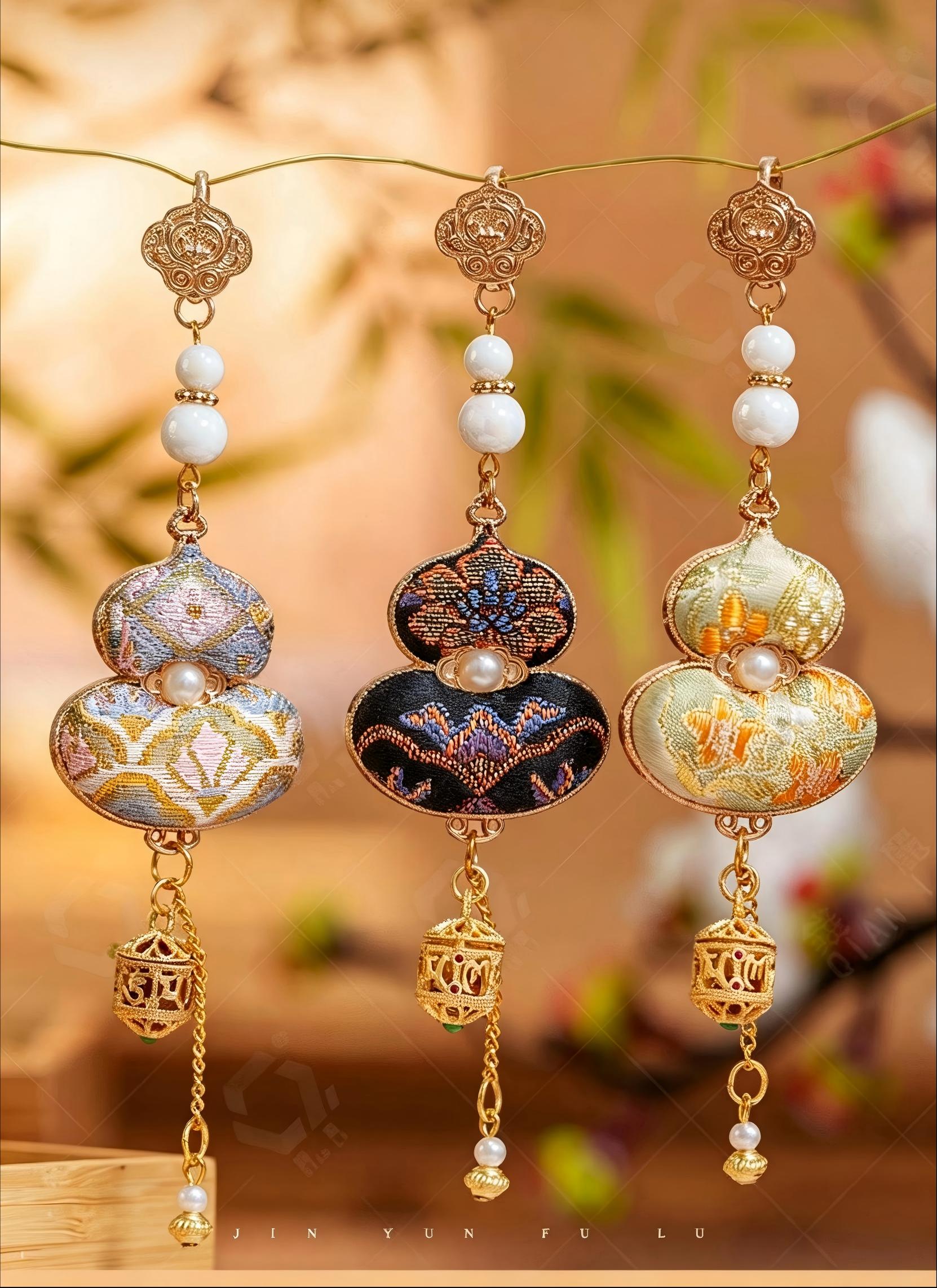 Hand‑crafted Chinese Song Brocade Sachet Pendant with open-work Pomander Ball