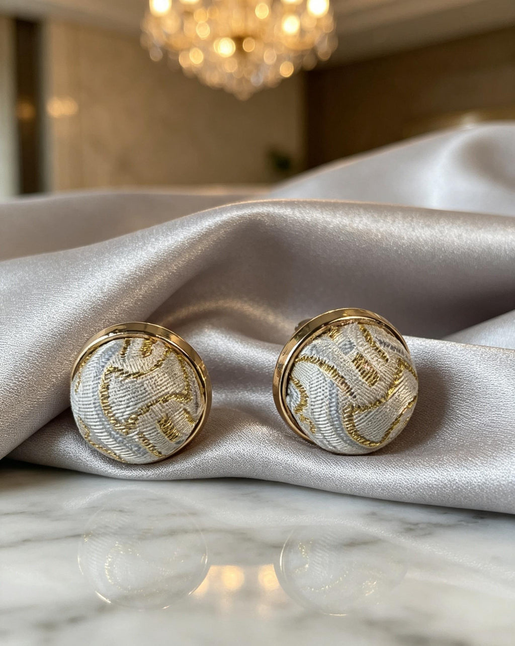 Intangible Cultural Heritage Song Brocade Round Button Earrings, Handwoven Mulberry Silk Oriental Jewelry