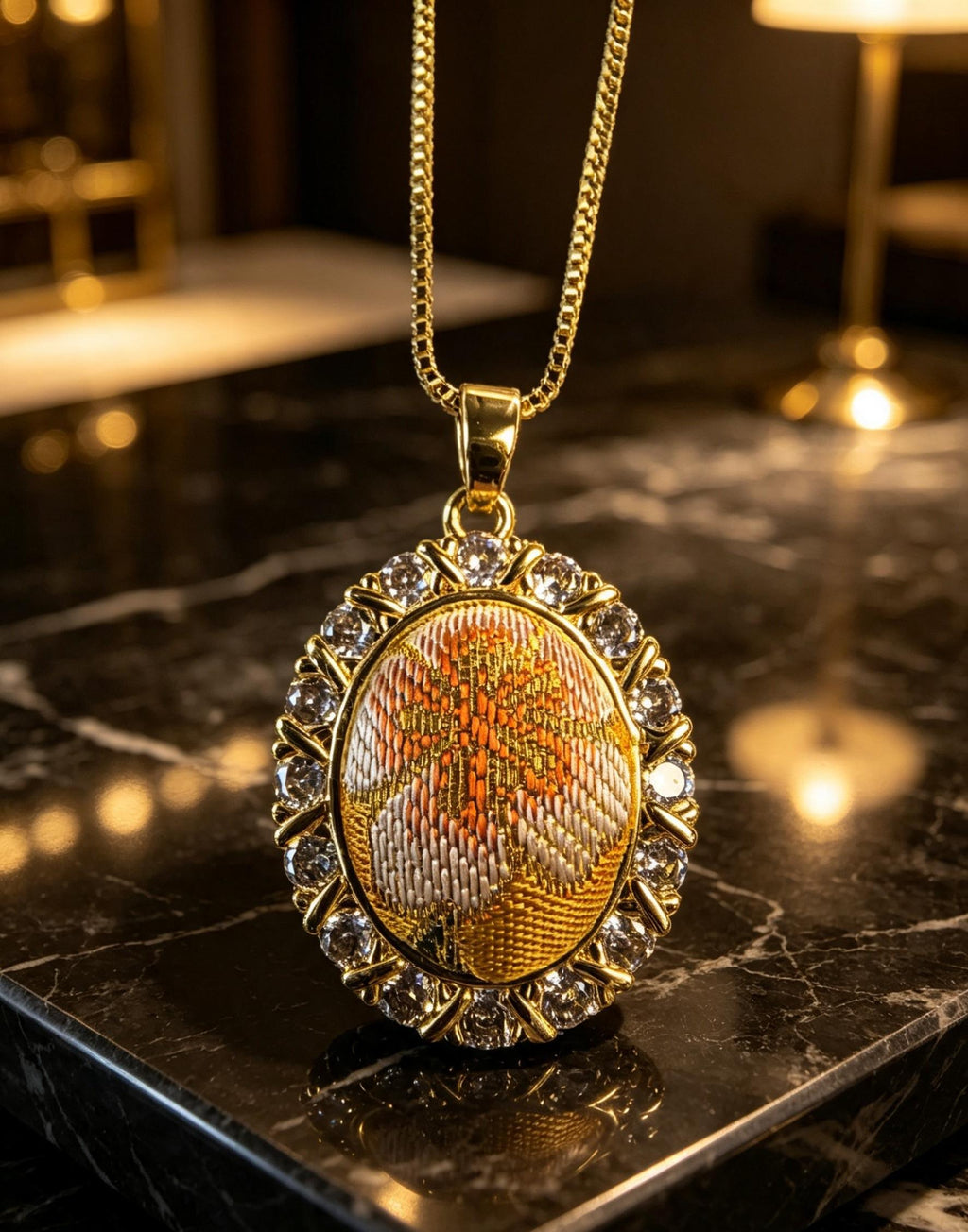 Oval Sparkling Stone Frame Song Brocade Pendant Necklace