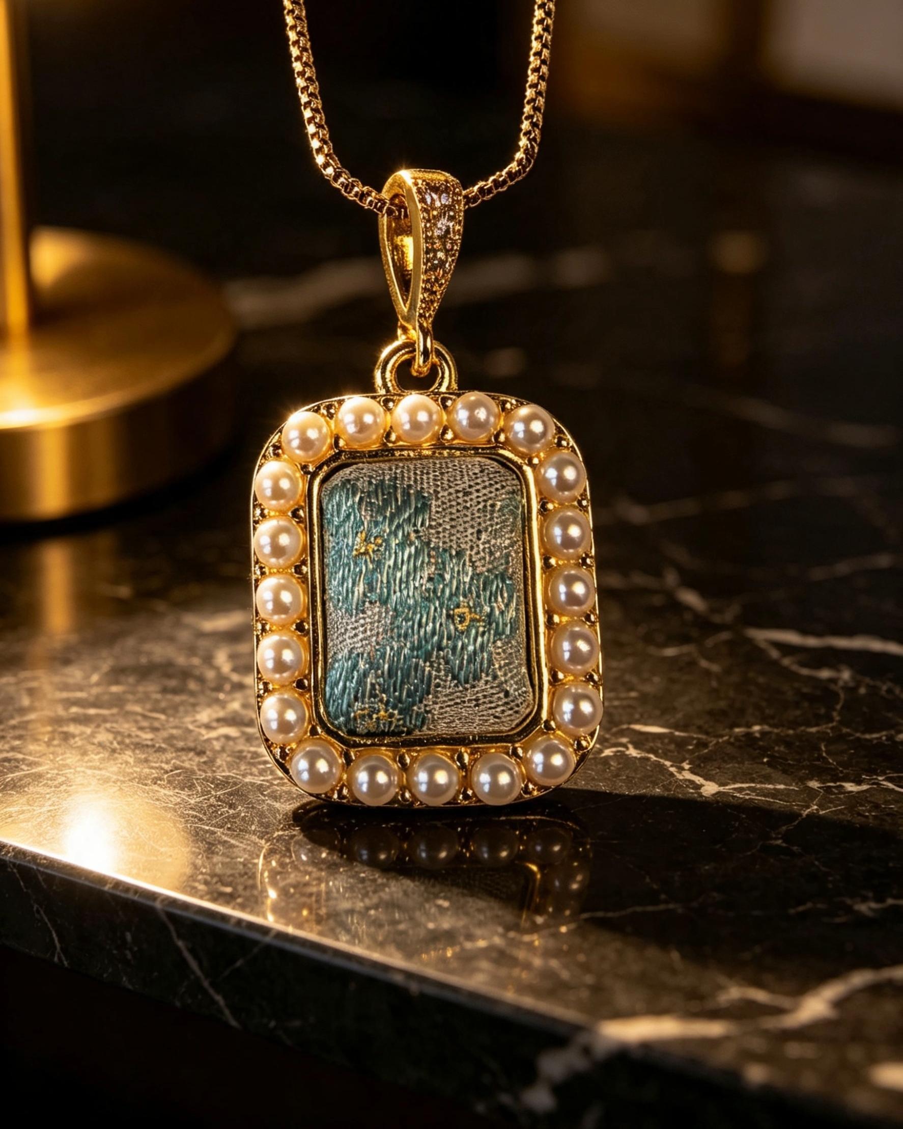 Heritage Song Brocade Rectangle Pearl Frame Pendant Necklace