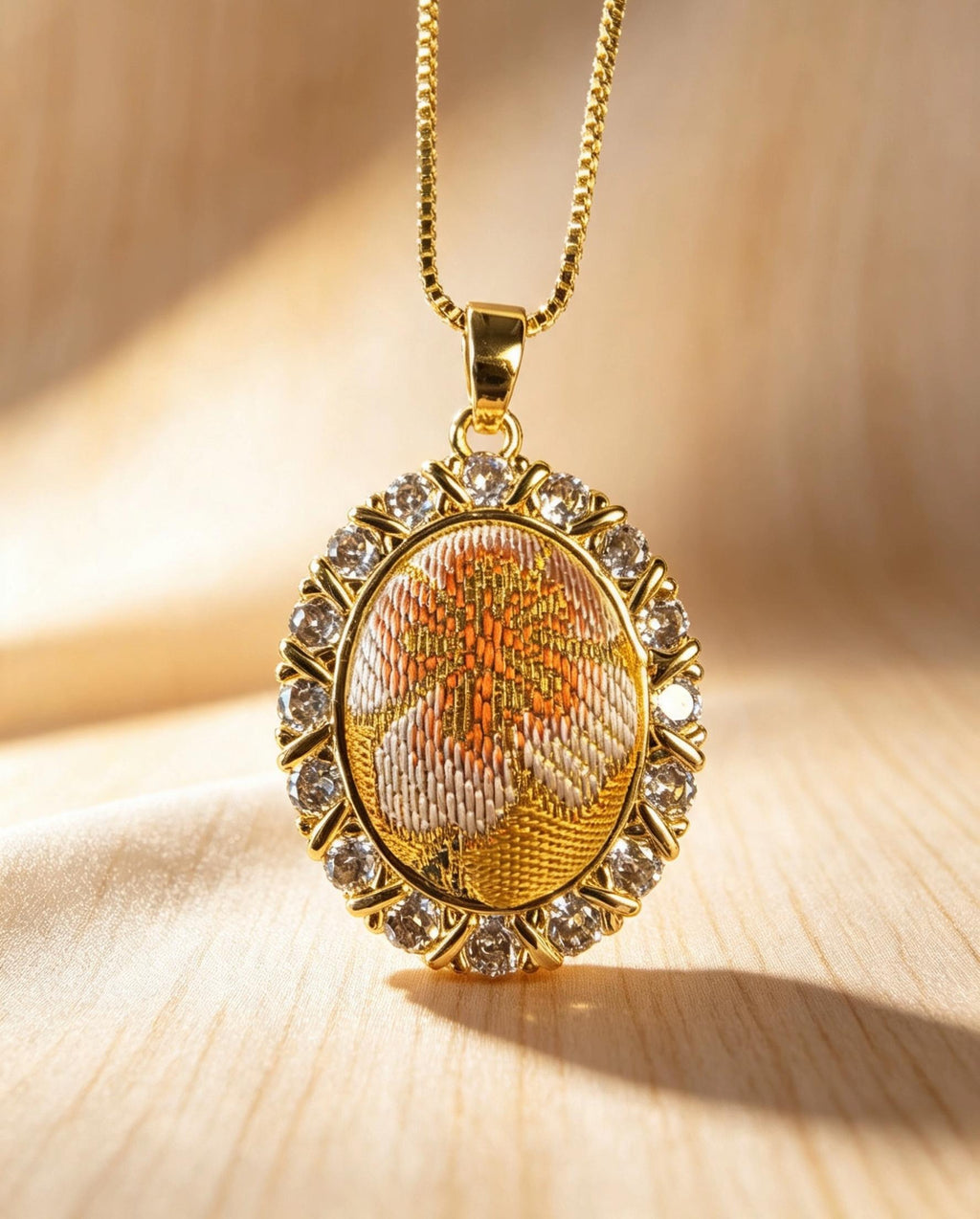 Oval Sparkling Stone Frame Song Brocade Pendant Necklace