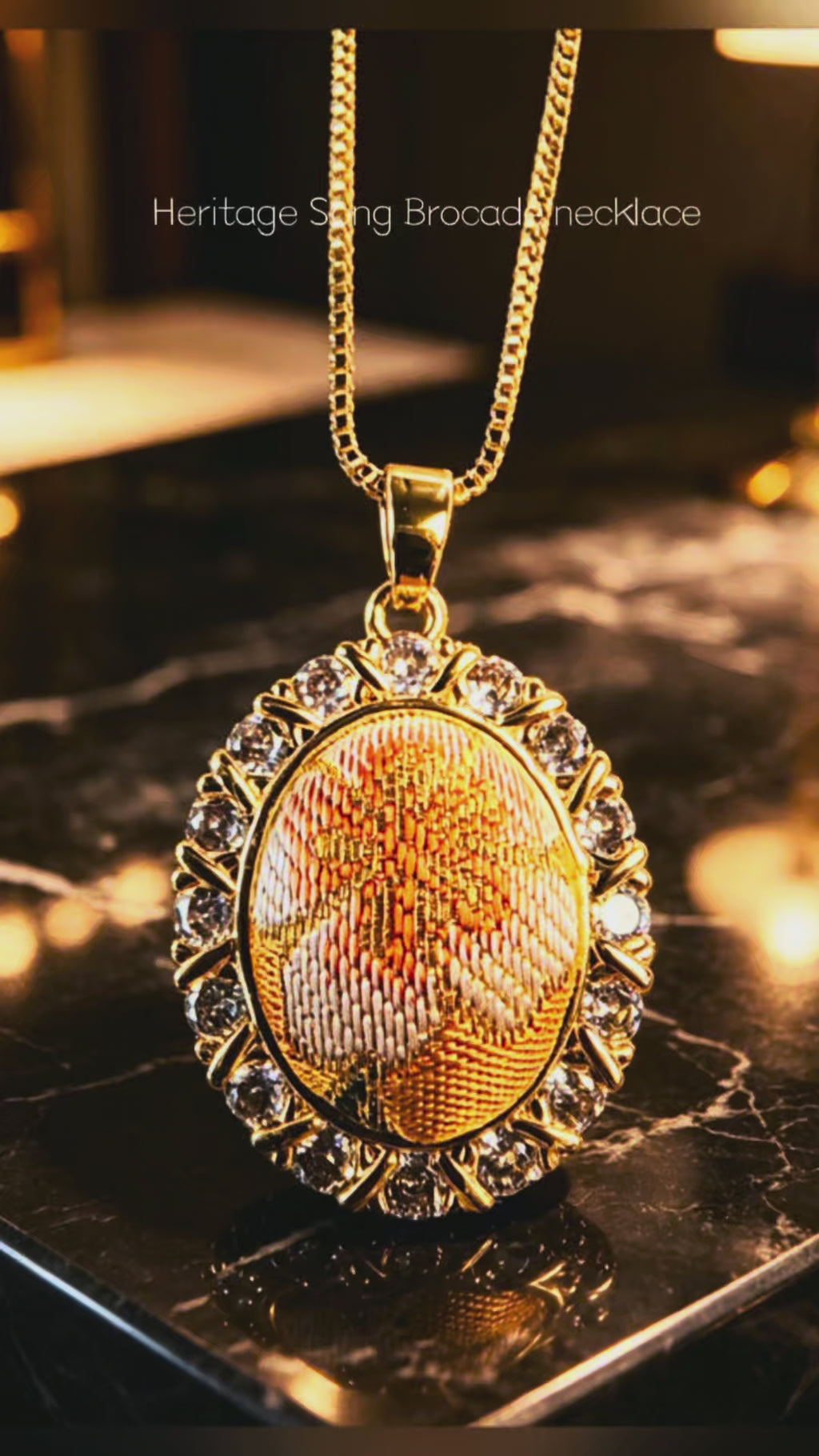 Oval Sparkling Stone Frame Song Brocade Pendant Necklace