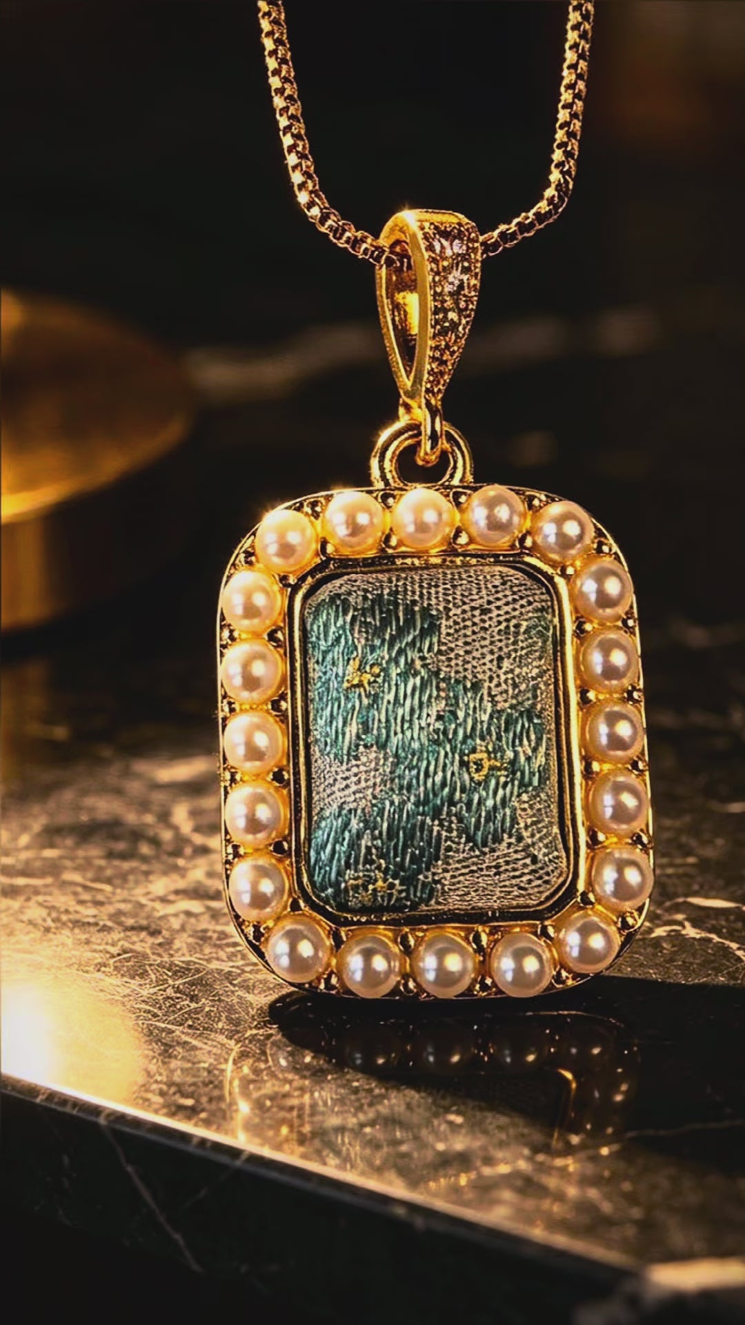 Heritage Song Brocade Rectangle Pearl Frame Pendant Necklace